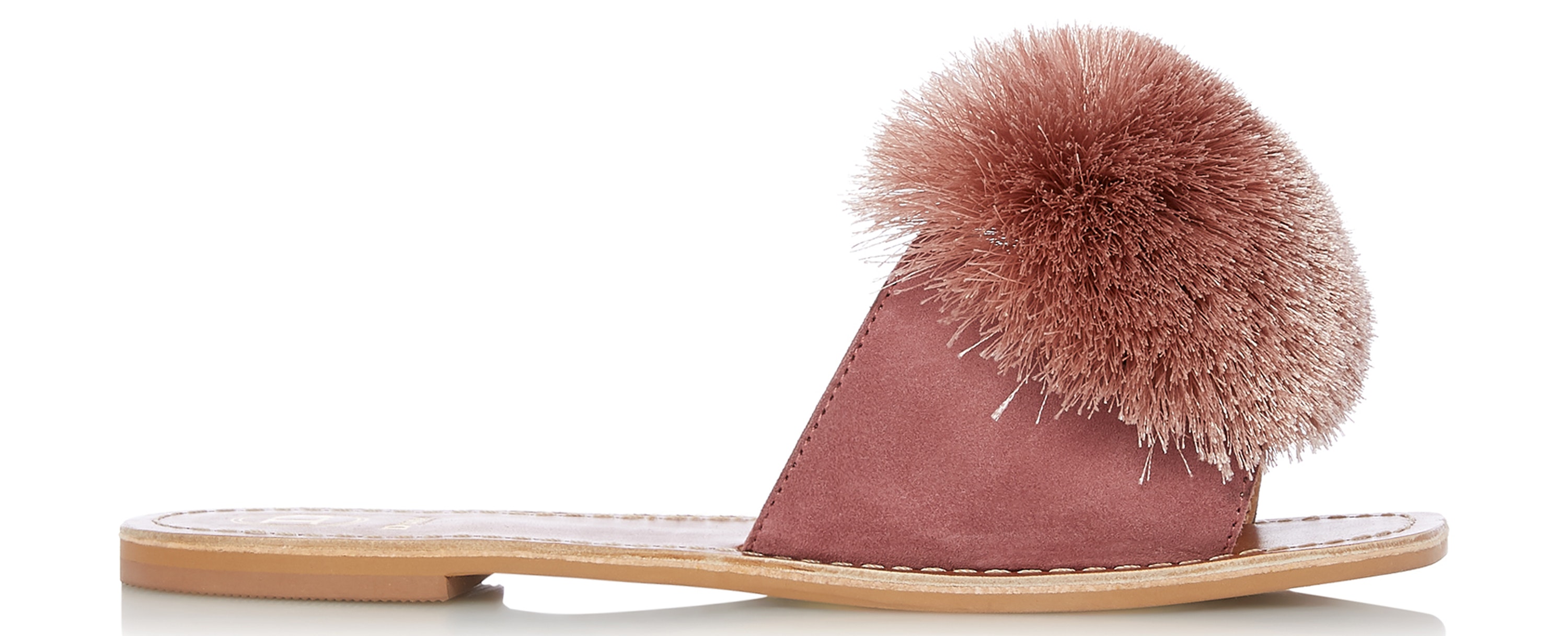 Dune Latino Cappuccino Suede Pom Pom Slider Sandal, £78/AED364.24