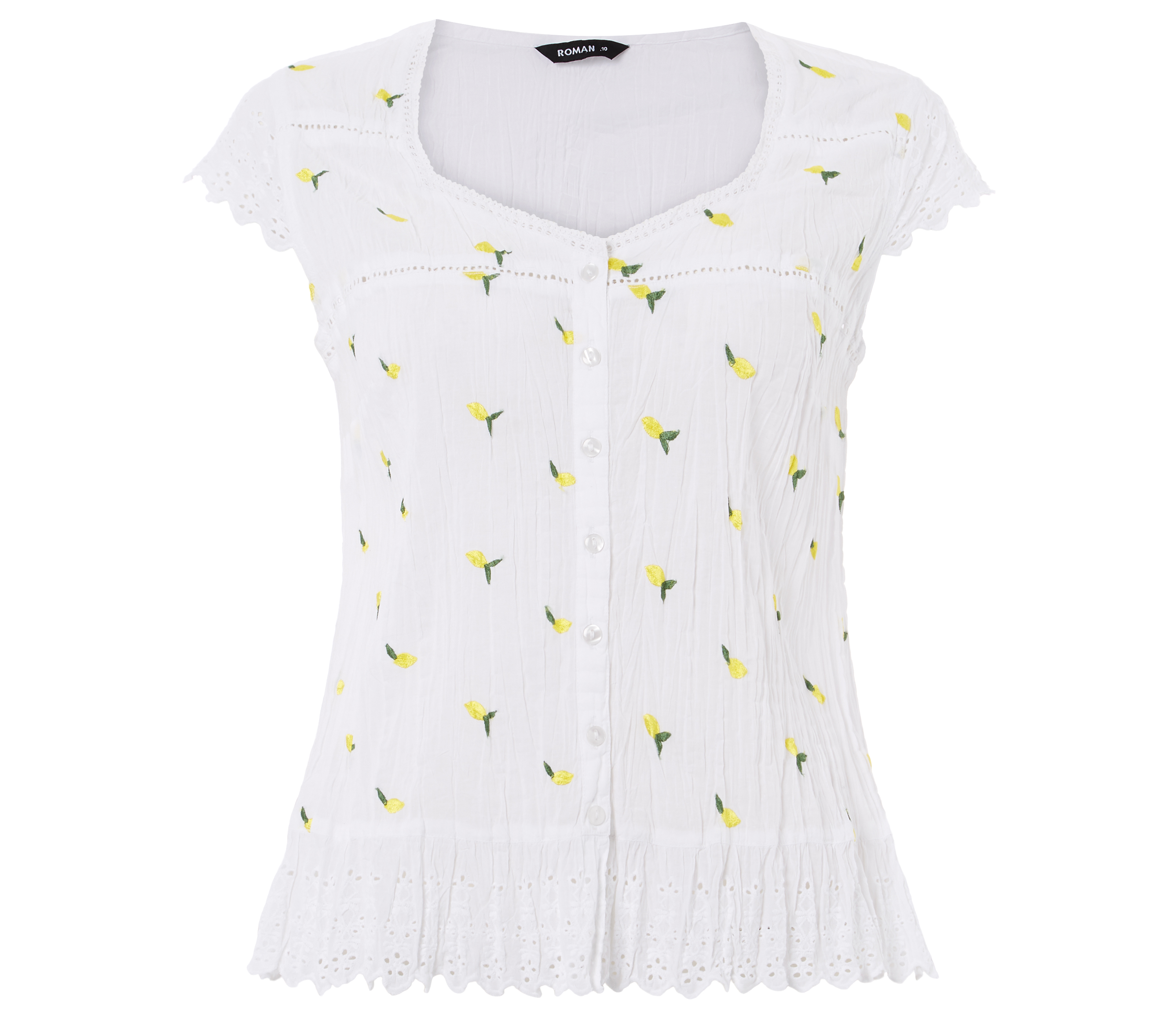 Roman Ivory Lemon Embroidered Crinkle Blouse