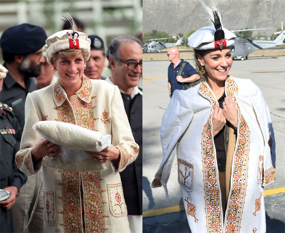 Diana wears a traditional hat and jacket in 1991 and Kate does the same in 2019