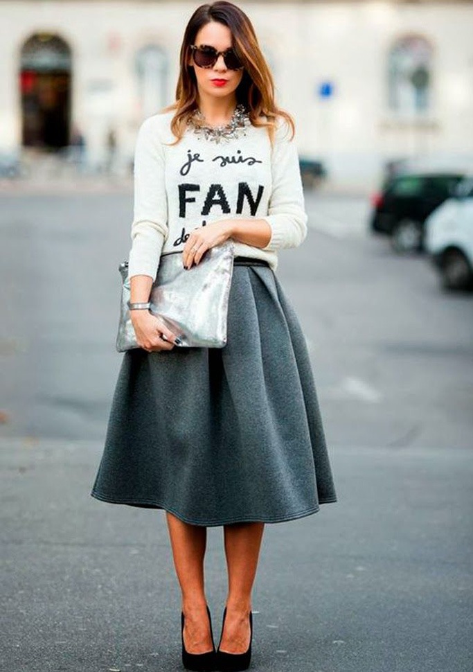 Flared Skirt paired with a Sweatshirt/T-shirt