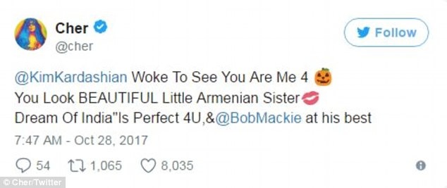Cher gave Kim her blessing on Twitter Kim Kardashian's Cher Halloween costume