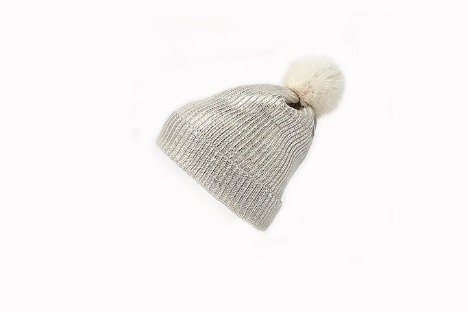 Cream silver knit pom pom beanie