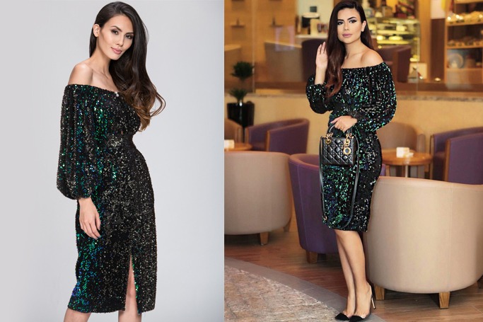 Deema Al Asadi in her Sequined off the Shoulder Dress